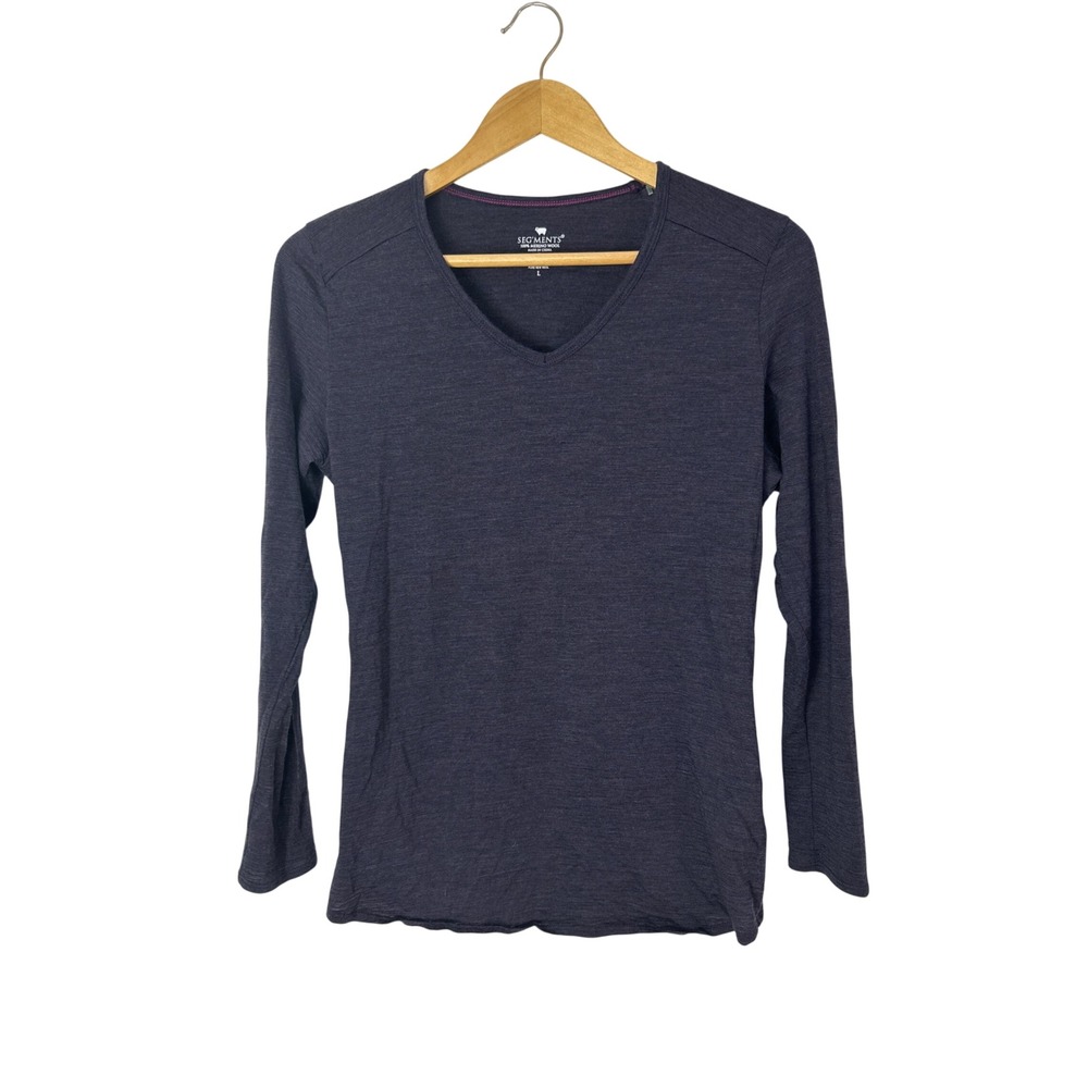 SEGMENTS Long Sleeve V Neck Tee Womens Large Blue 100% Merino Wool Base Layer